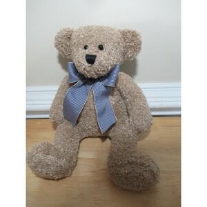 World Market plush teddy bear tan brown beanbag curly fur blue checked bow